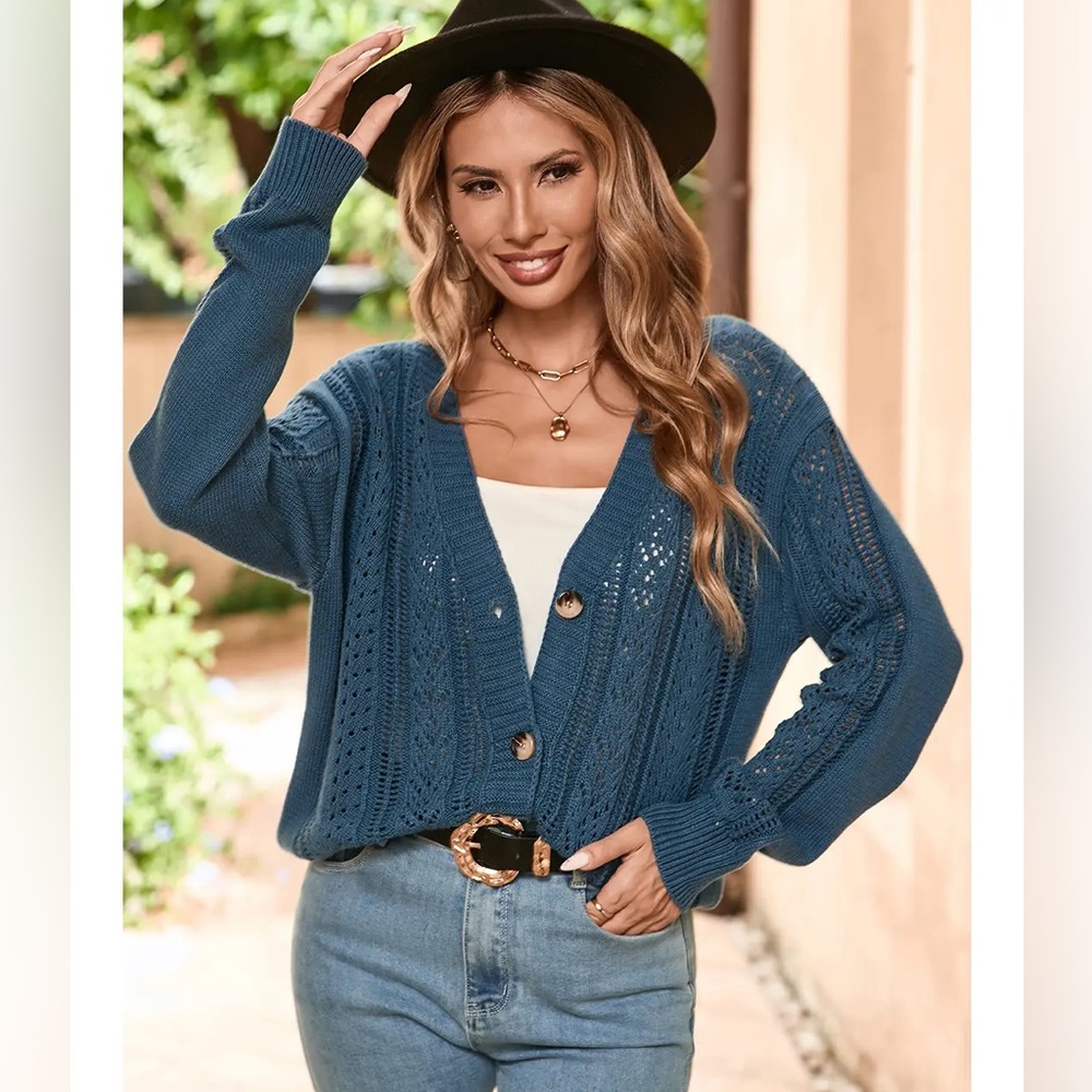 Open Knit Drop Shoulder Cardigan in Teal Size Medium